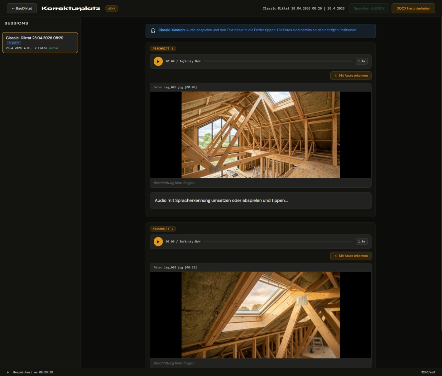 BauDiktat Korrekturplatz im Browser — Audio-Wiedergabe mit Text und Fotos pro Abschnitt