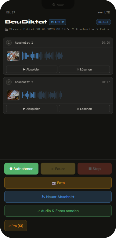 BauDiktat Recorder auf dem Smartphone — Aufnahme mit Abschnitten, Wellenform und Foto-Zuordnung