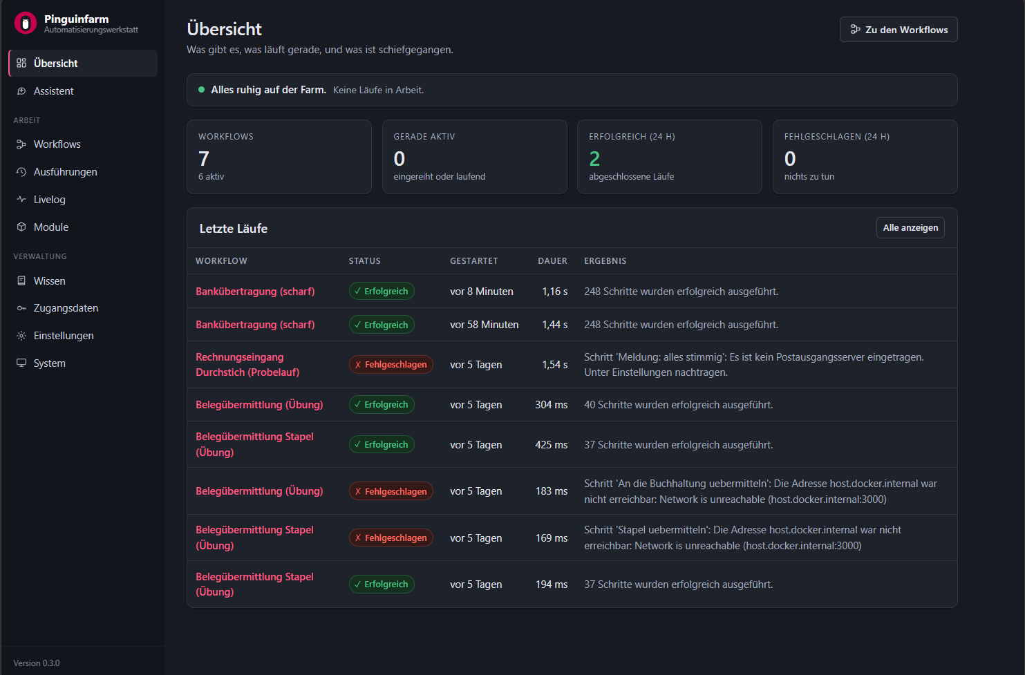 Pinguinfarm Übersicht — Dashboard mit Workflows, aktiven Läufen und verständlichen Fehlermeldungen